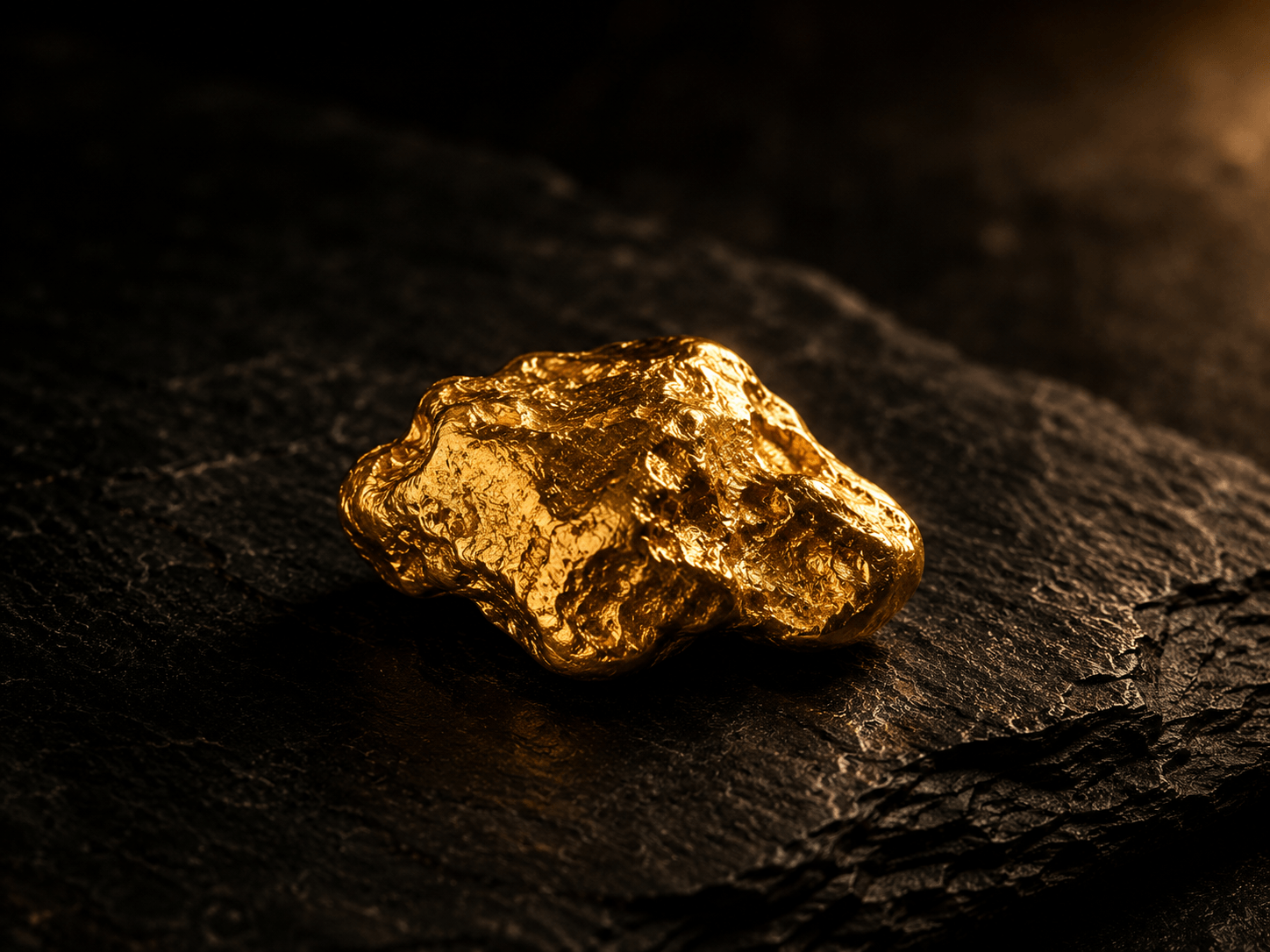 Raw 18K gold nugget on dark slate