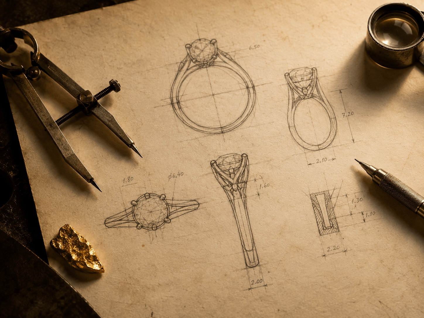Ring design sketches with dividers and a gold nugget