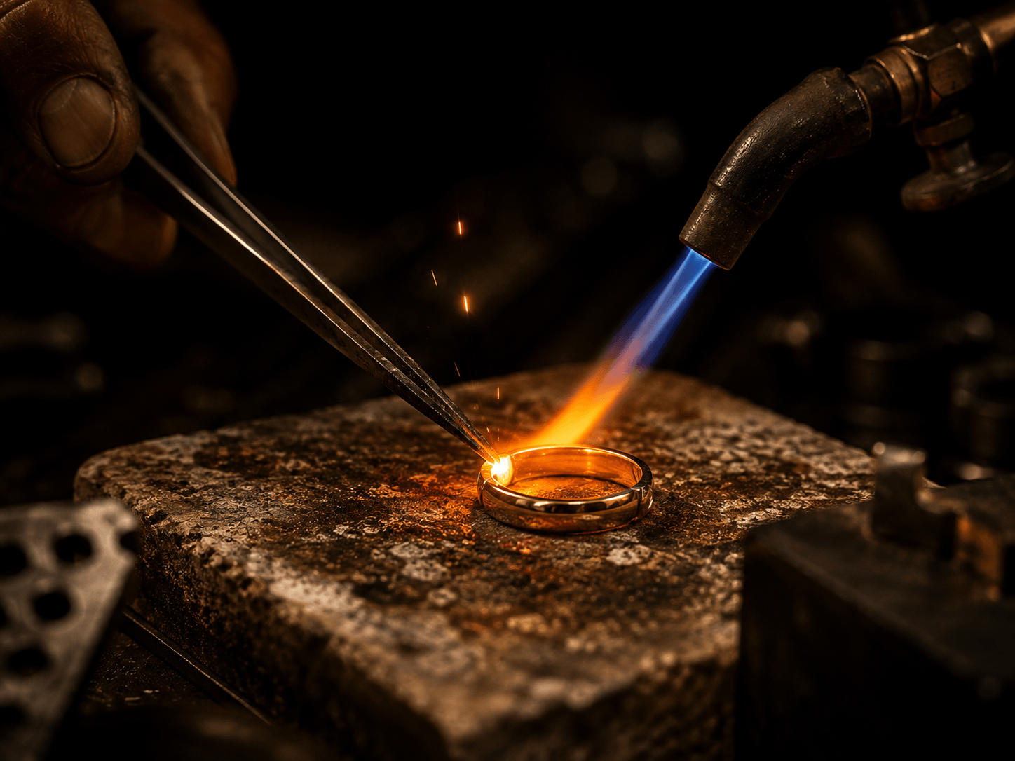 Ring soldered under torch flame on fireproof brick