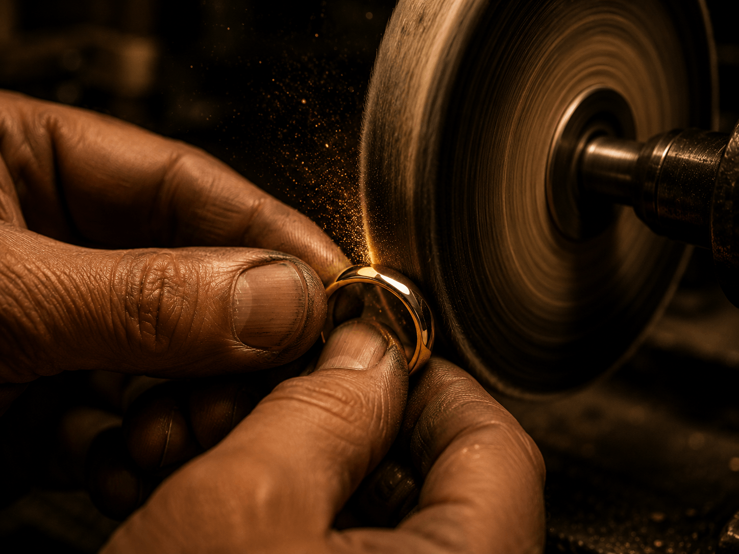 Hands polishing a gold ring on a buffing wheel