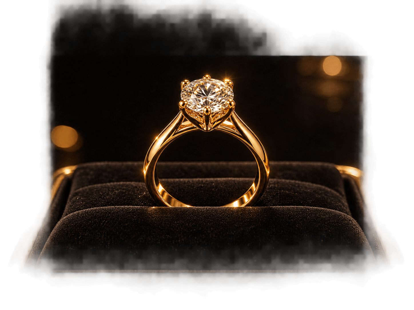 Finished 18K gold ring in a black velvet vitrine