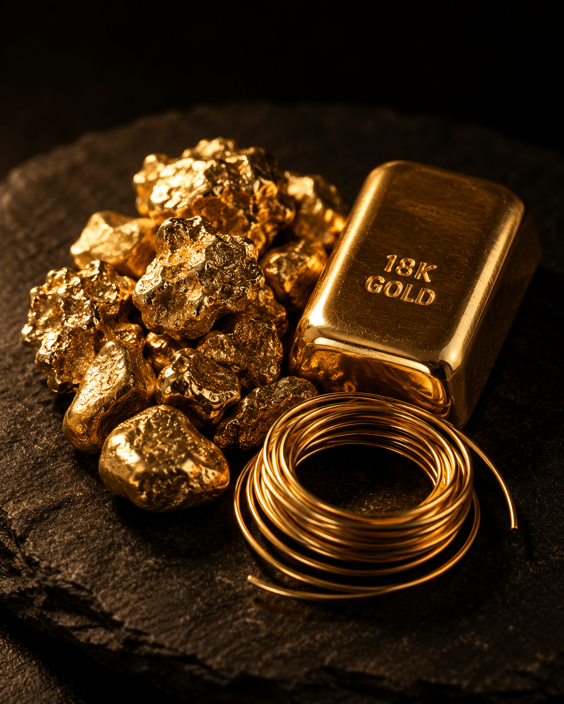 Raw 18K gold nuggets, ingot and wire