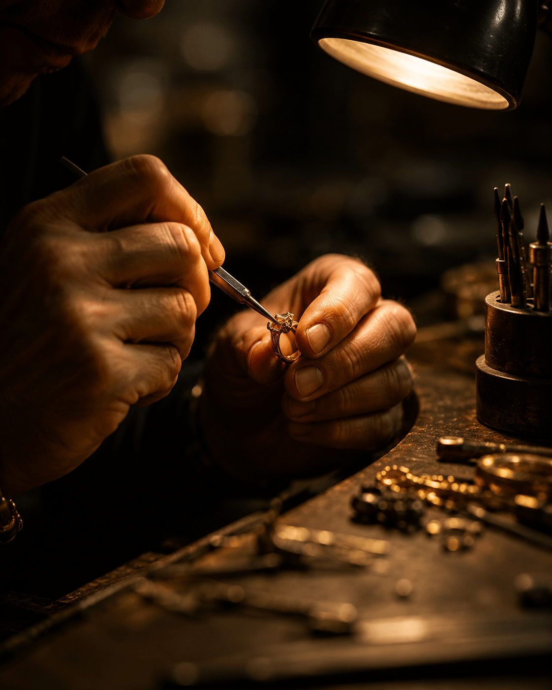 Jeweler's hands crafting at the bench