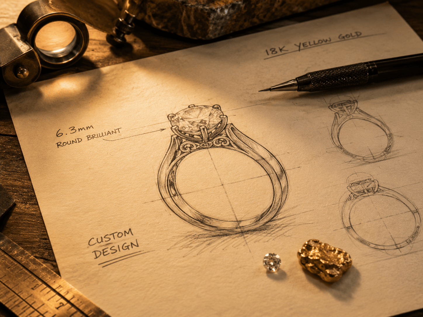 Detailed custom ring design sketch on paper