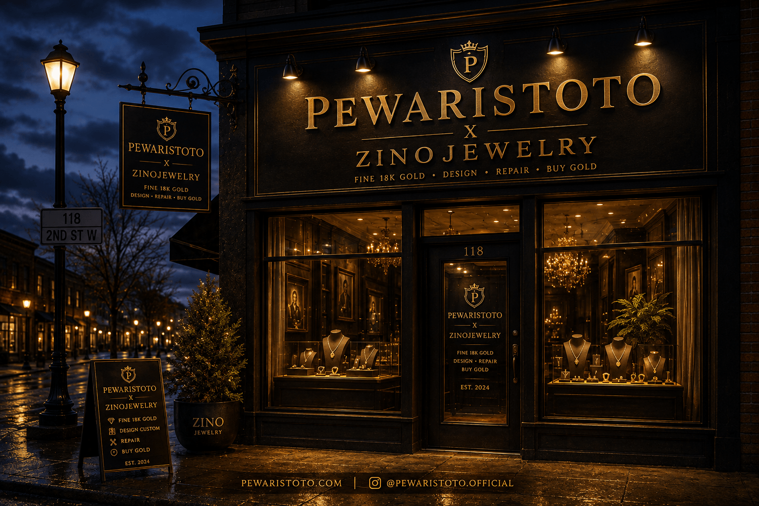 PEWARISTOTO × ZINO Jewelry storefront at dusk, 118 2nd St W